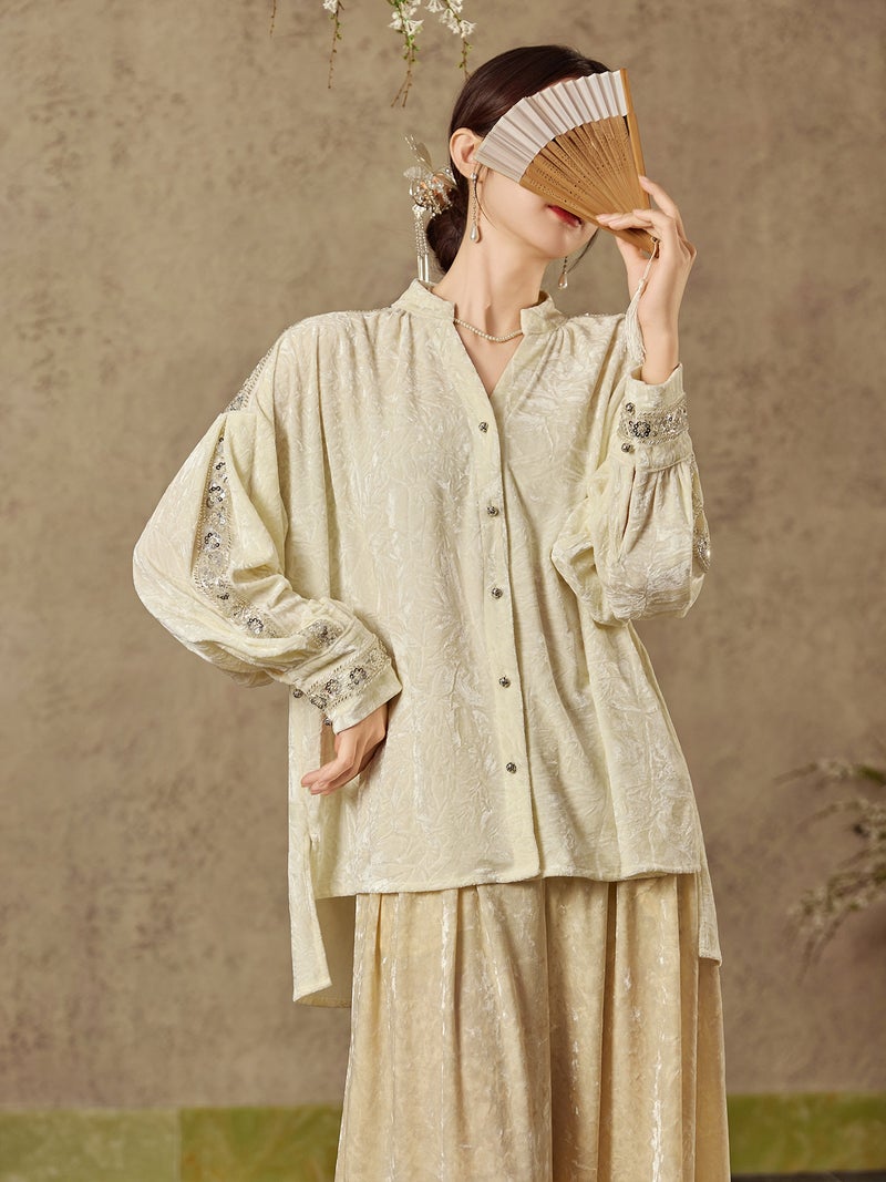 Yailla New Chinese Style High-End Beaded Velvet Shirt Autumn New Arrival Versatile Cardigan Fashionable Top Elegant and Noble Chinese Style for Women Niche Design Tang Coat Suit - Image 4